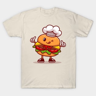 Cute Burger Chef Wearing Cap Cartoon T-Shirt